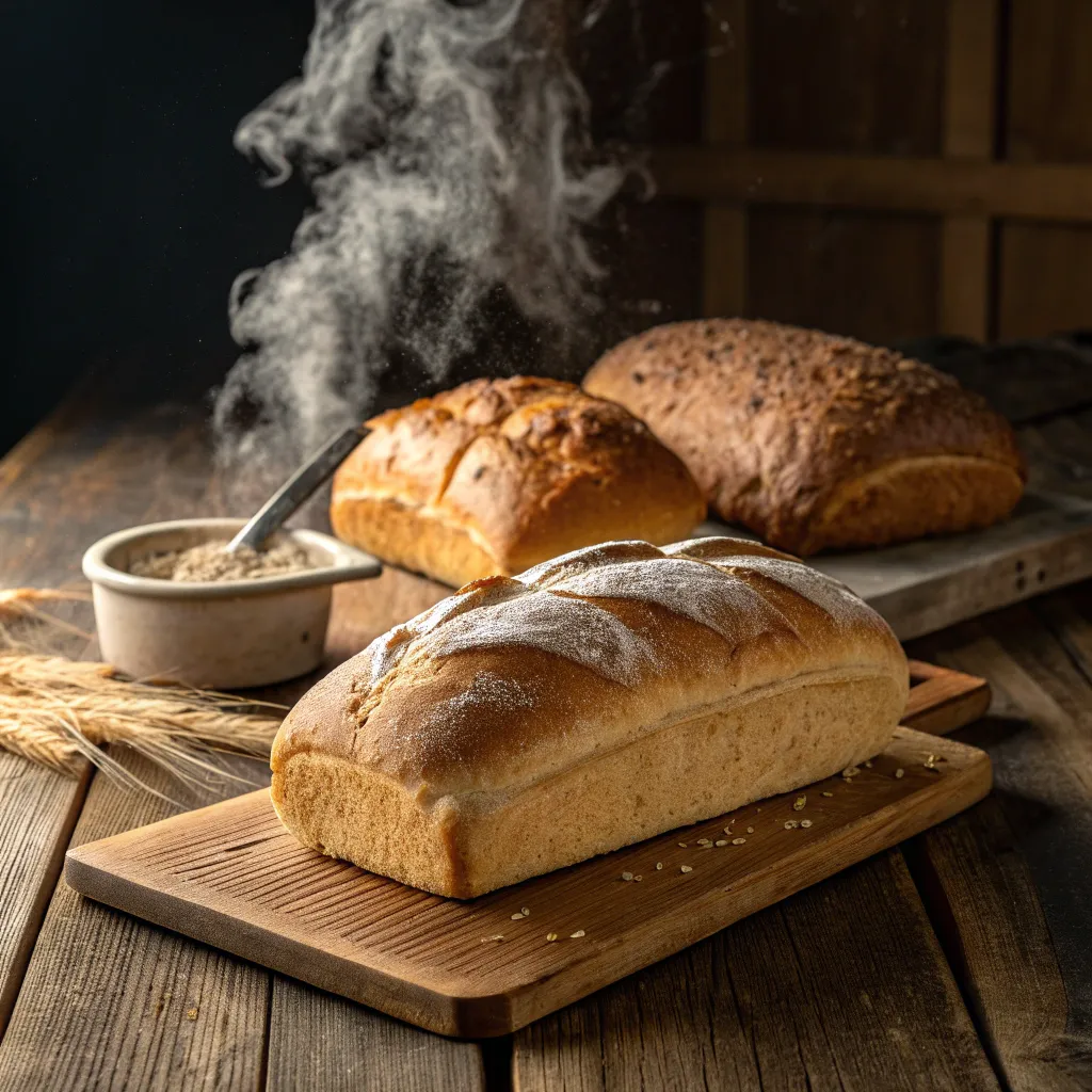 Freshly baked bread loaves on a wooden table